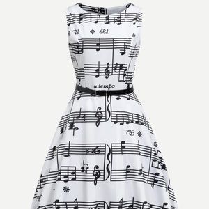 Music Notes Pattern Belted Circle Dress